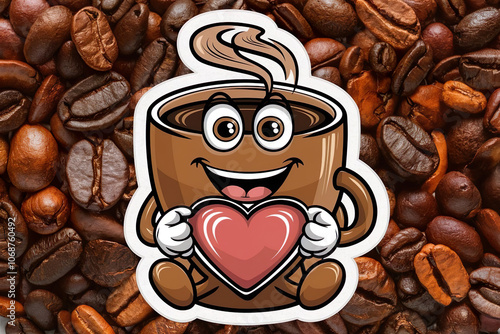 Smiling cup of coffee holds heart in hands. Coffee beans background