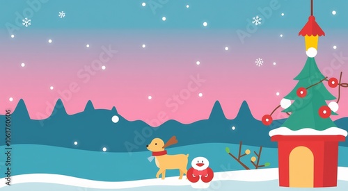 A cute reindeer with a snowman and Christmas tree in the snow.