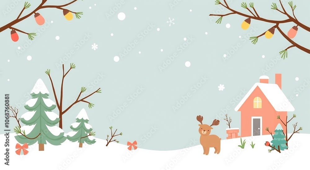 Cute reindeer standing in the snow with a house in the background. Cute reindeer standing in the snow with a house in the background.