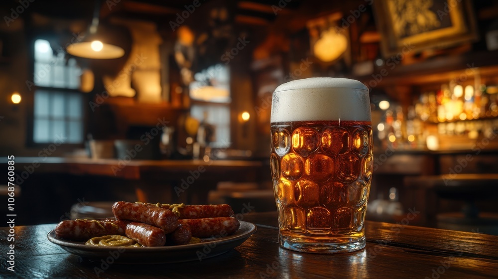Frothy glass of golden Czech Pilsner with sausages and mustard on rustic table in cozy Czech beer hall.
Frothy glass of golden Czech Pilsner with sausages and mustard on rustic table in cozy Czech beer hall.