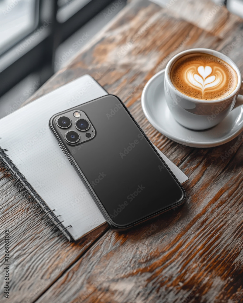 Mockup of mobile phone on a notebook on a wooden table. Workplace in a cafe with a cup of coffee. Mockup of mobile phone on a notebook on a wooden table. Workplace in a cafe with a cup of coffee.