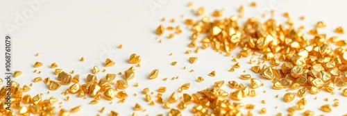 A treasure trove of gleaming gold nuggets scattered across a pristine white surface, radiating warmth and inviting curiosity, luxurious, gold nuggets photo