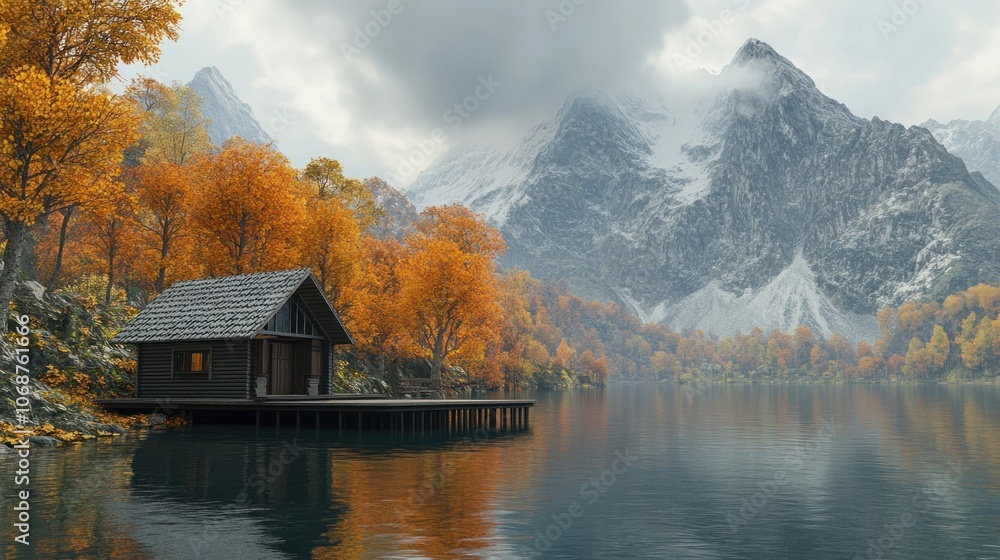 A cozy cabin sits on a lake with fall foliage and snow-capped mountains in the background. A cozy cabin sits on a lake with fall foliage and snow-capped mountains in the background.