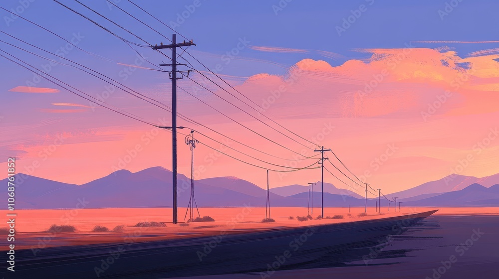 Serene Landscape with Power Lines at Sunset Serene Landscape with Power Lines at Sunset