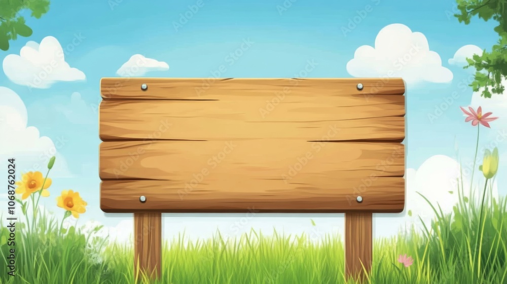 Wooden Sign in a Green Grass Field with Blue Sky Wooden Sign in a Green Grass Field with Blue Sky