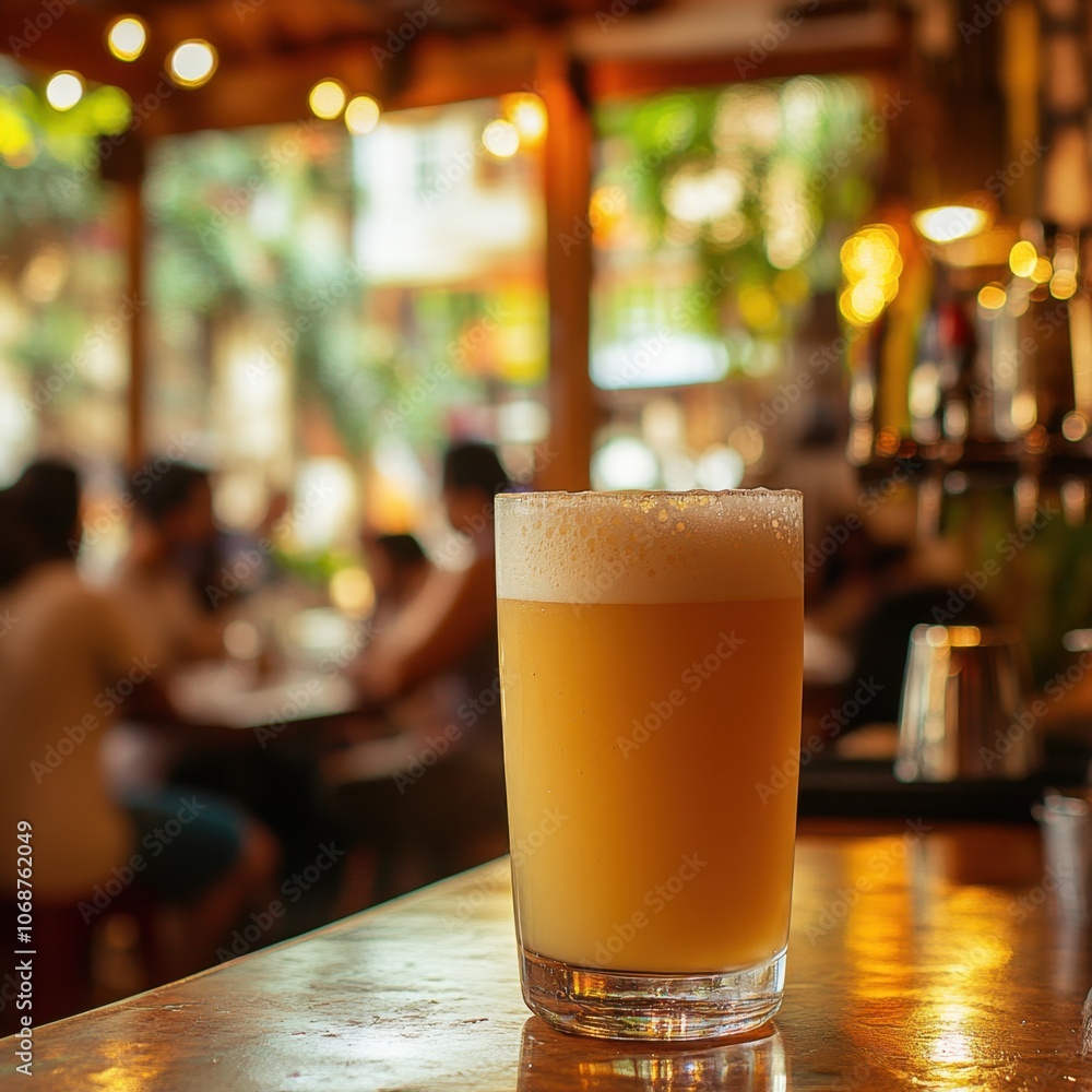 Glass of Brazilian Chopp with frothy head in a lively Brazilian bar, people socializing and samba music playing.
Glass of Brazilian Chopp with frothy head in a lively Brazilian bar, people socializing and samba music playing.