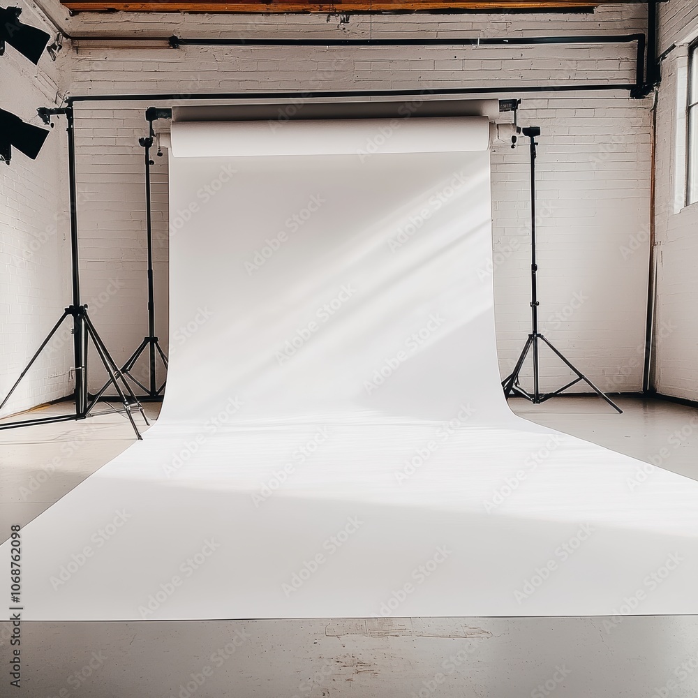Bright photography studio with a clean white background and natural light streaming in. Bright photography studio with a clean white background and natural light streaming in.