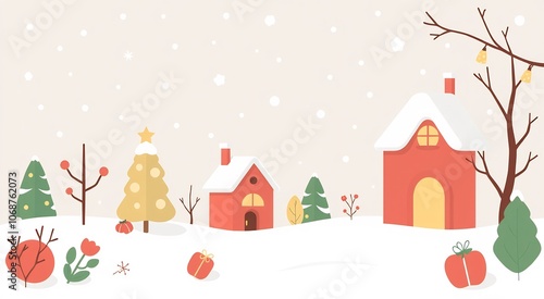 Snowy winter landscape with two houses and a Christmas tree.