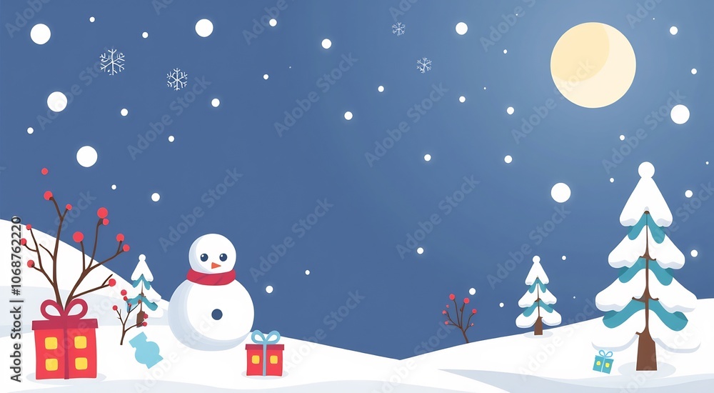 A snow covered landscape with a snowman, a christmas tree, and a bright moon in the night sky. A snow covered landscape with a snowman, a christmas tree, and a bright moon in the night sky.