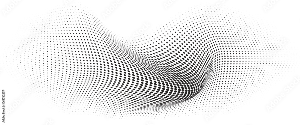 Flowing Wave Dot Halftone Pattern: Curve Gradient Shape on Transparent Background. Suitable for AI, Tech, Network, Digital, Science, and Technology Themes. Flowing Wave Dot Halftone Pattern: Curve Gradient Shape on Transparent Background. Suitable for AI, Tech, Network, Digital, Science, and Technology Themes.