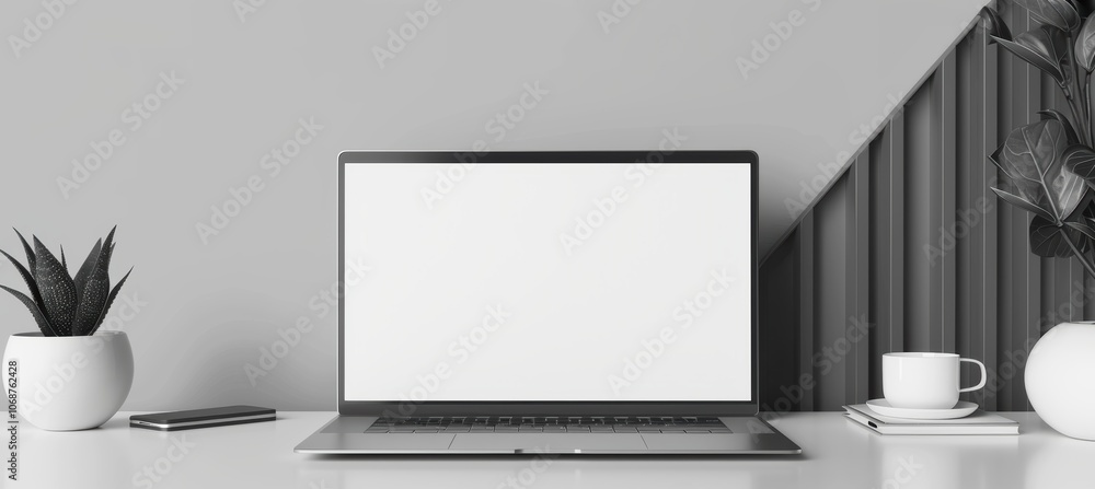 Clean white laptop screen in a sleek office environment, ideal for digital mockups Clean white laptop screen in a sleek office environment, ideal for digital mockups