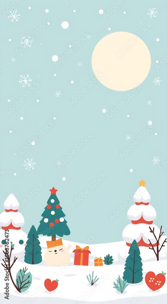 A cute snowman stands in front of a snowy landscape with Christmas trees, presents, and a snowy sky. A cute snowman stands in front of a snowy landscape with Christmas trees, presents, and a snowy sky.