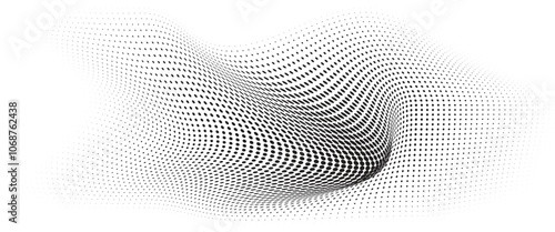 Flowing Wave Dot Halftone Pattern: Curve Gradient Shape on Transparent Background. Suitable for AI, Tech, Network, Digital, Science, and Technology Themes.