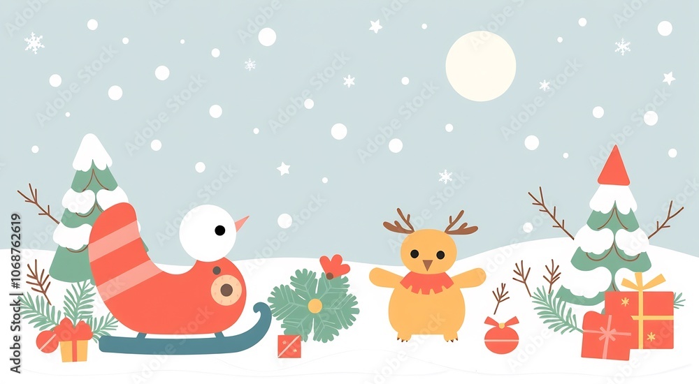 Cute snowman riding a sled and a reindeer with christmas presents in a snowy winter landscape. Cute snowman riding a sled and a reindeer with christmas presents in a snowy winter landscape.