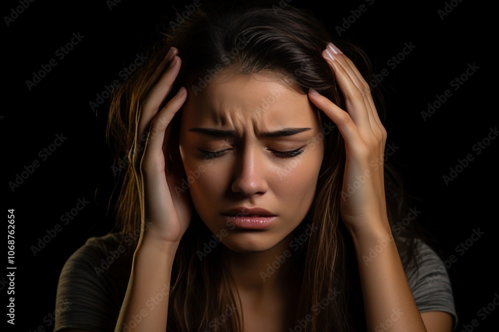 Young woman experiencing fatigue and stress while touching her forehead in low-lit indoor setting at night Young woman experiencing fatigue and stress while touching her forehead in low-lit indoor setting at night