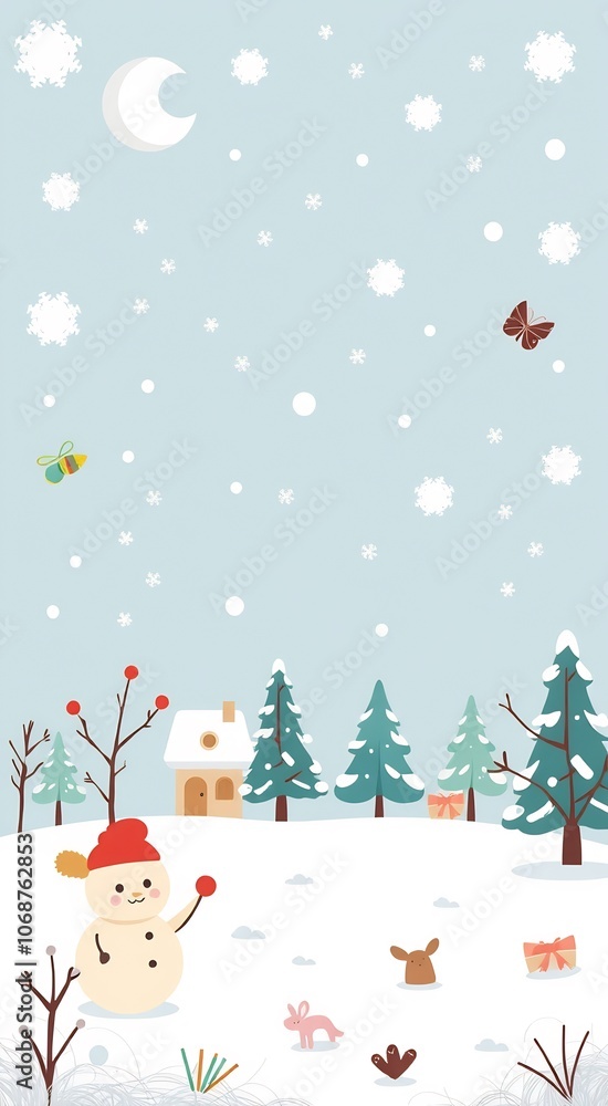 A snowman stands in a snowy winter landscape with a house, trees, and animals. A snowman stands in a snowy winter landscape with a house, trees, and animals.
