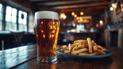 Obraz na płótnie Pint of amber British Ale on rustic pub table with fish and chips, cozy English pub setting.
w salonie