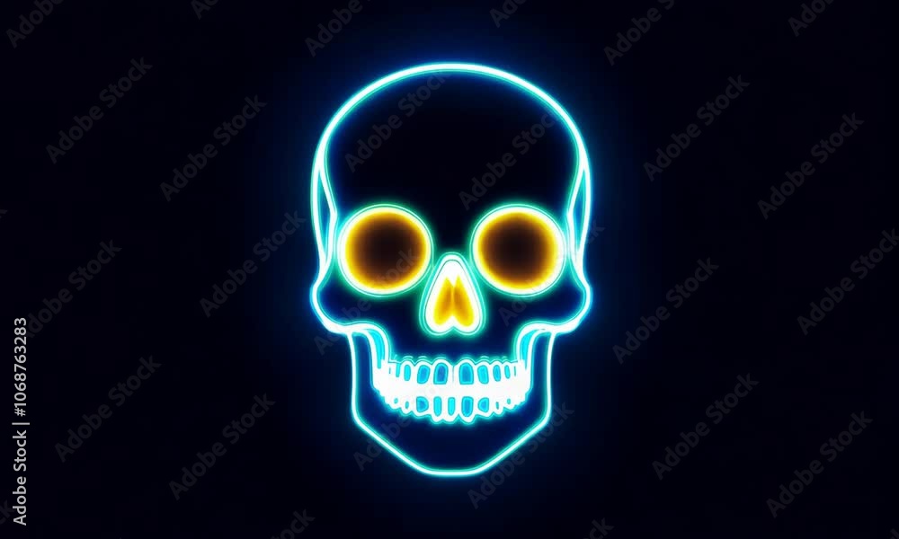 Vibrant neon blue and yellow Day of the Dead skull with ornate decorations on a black background