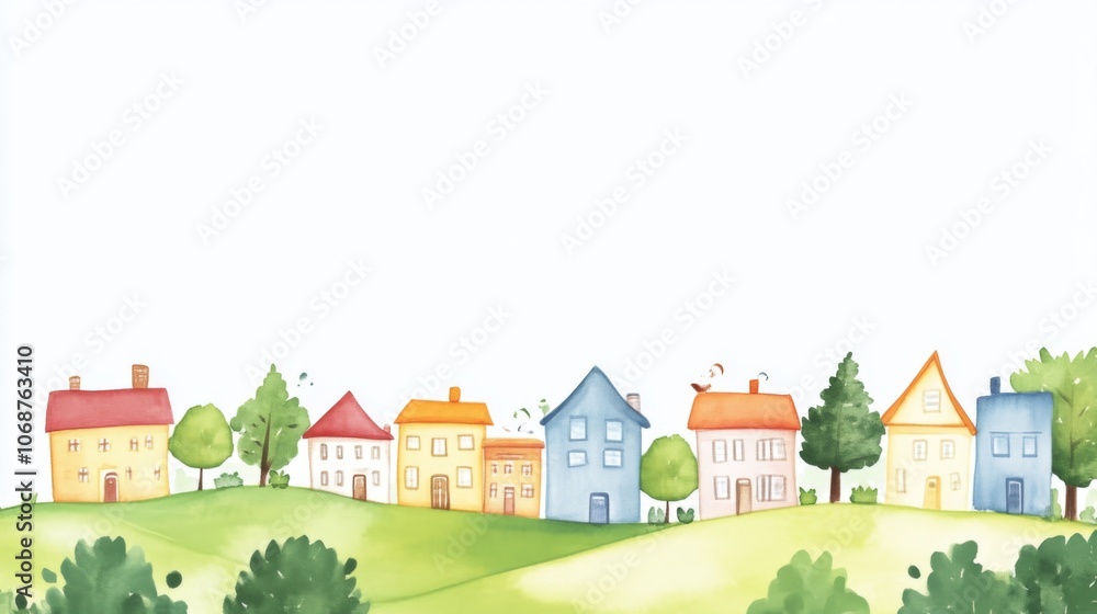 Watercolor Painting of a Charming Village in the Countryside Watercolor Painting of a Charming Village in the Countryside
