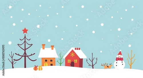 A winter scene with a snowman, reindeer, houses, a Christmas tree, and falling snow.