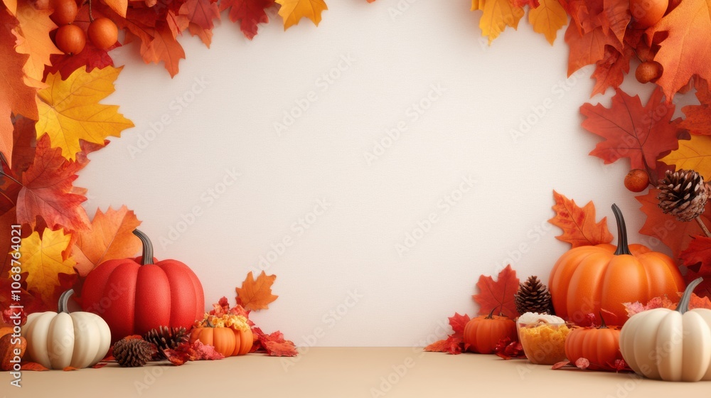Fototapeta premium Autumn leaves and pumpkins create a cozy fall-themed border, AI