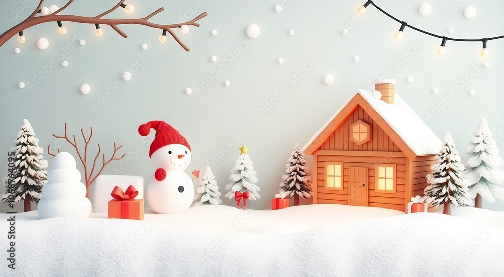 Snowman, cabin, Christmas trees, and gifts in a snowy winter scene. Snowman, cabin, Christmas trees, and gifts in a snowy winter scene.