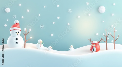 Three cartoon snowmen standing on snowy hills with a blue background and snowflakes falling.