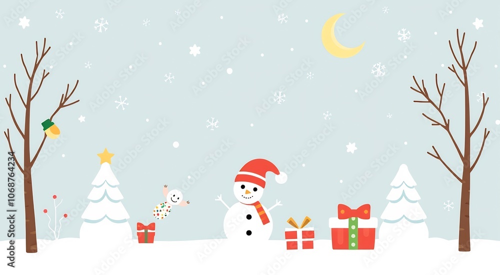 Happy snowman with Christmas tree, presents, and a crescent moon in a snowy winter landscape. Happy snowman with Christmas tree, presents, and a crescent moon in a snowy winter landscape.