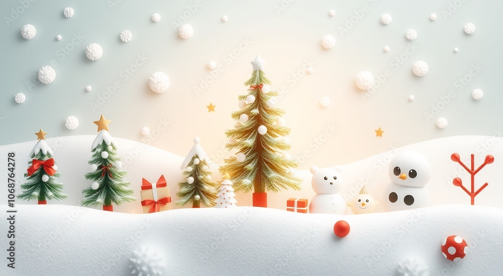 Festive winter scene with snowmen, Christmas trees, and gift boxes. Festive winter scene with snowmen, Christmas trees, and gift boxes.