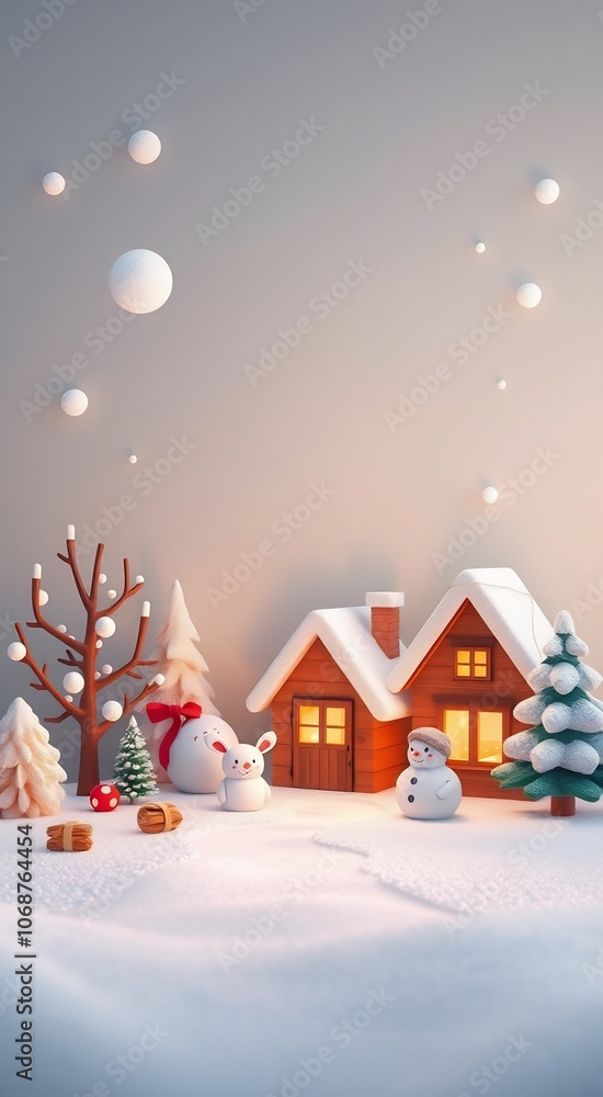 Cute snowman and bunny in front of cozy cabin. Cute snowman and bunny in front of cozy cabin.
