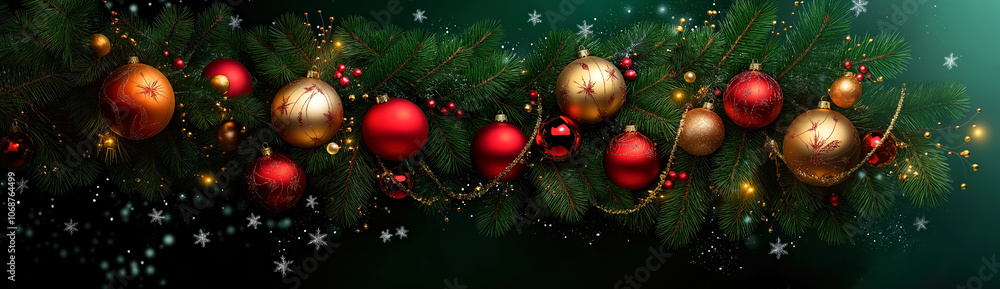 Festive Christmas Tree with Red and Gold Ornaments, Bokeh Lights, Snowflakes. Christmas and New Year festive card. banner Festive Christmas Tree with Red and Gold Ornaments, Bokeh Lights, Snowflakes. Christmas and New Year festive card. banner