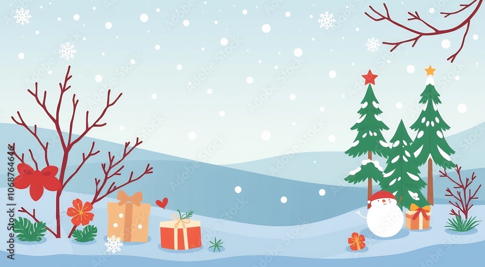 Snowy winter scene with a snowman and Christmas trees. Snowy winter scene with a snowman and Christmas trees.