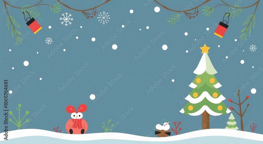 Cute animal and Christmas tree in snowy landscape with blue sky. Cute animal and Christmas tree in snowy landscape with blue sky.