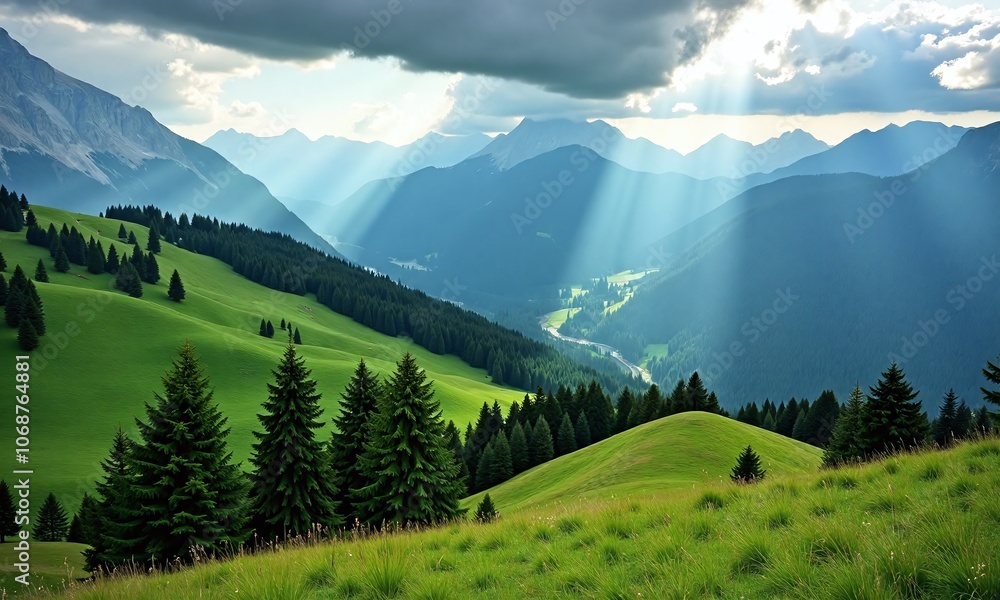 Majestic mountain landscape rolling green hills lush meadows Majestic mountain landscape rolling green hills lush meadows