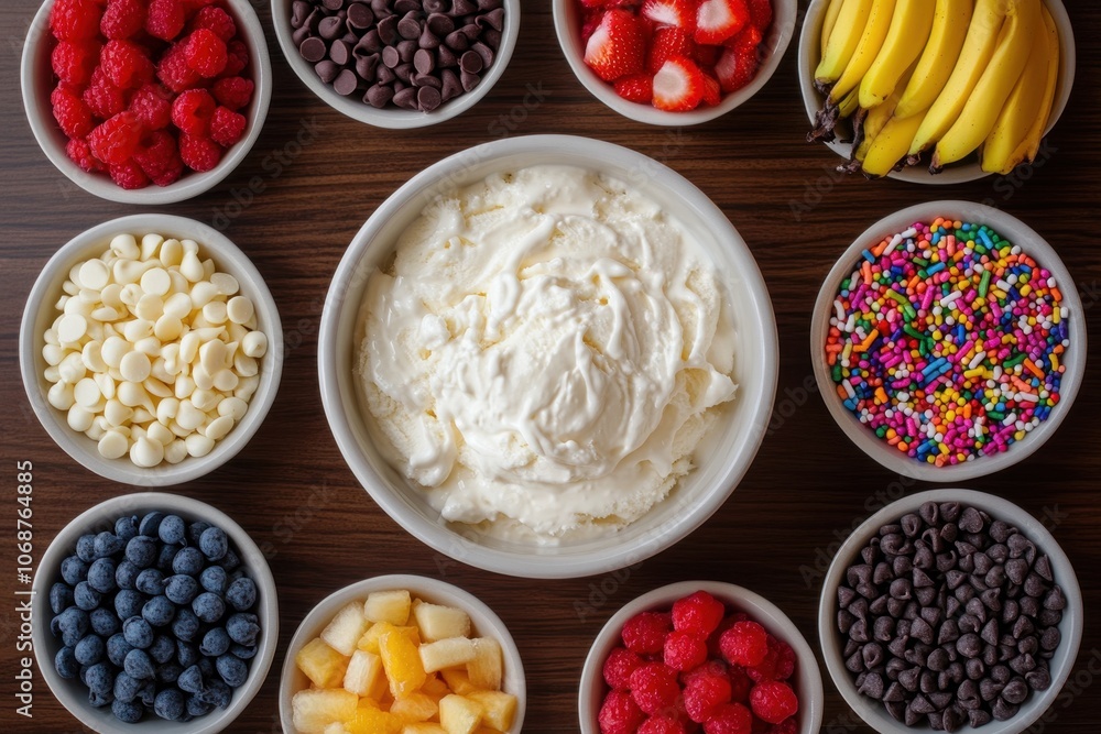 A creative flat lay of various ice cream toppings, including sprinkles, chocolate chips, and fruit, around a bowl of vanilla ice cream. A creative flat lay of various ice cream toppings, including sprinkles, chocolate chips, and fruit, around a bowl of vanilla ice cream.