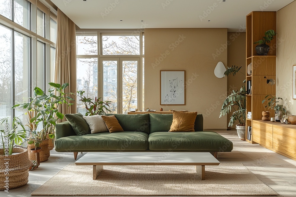 A spacious living room with large windows and a green sofa and table. A living room with a combination of Scandinavian interiors and mid century modern interiors. Generative AI
A spacious living room with large windows and a green sofa and table. A living room with a combination of Scandinavian interiors and mid century modern interiors. Generative AI