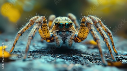 Wallpaper Mural A close-up shot of a wolf spider with large, blue eyes, on a textured surface, facing the camera. Torontodigital.ca