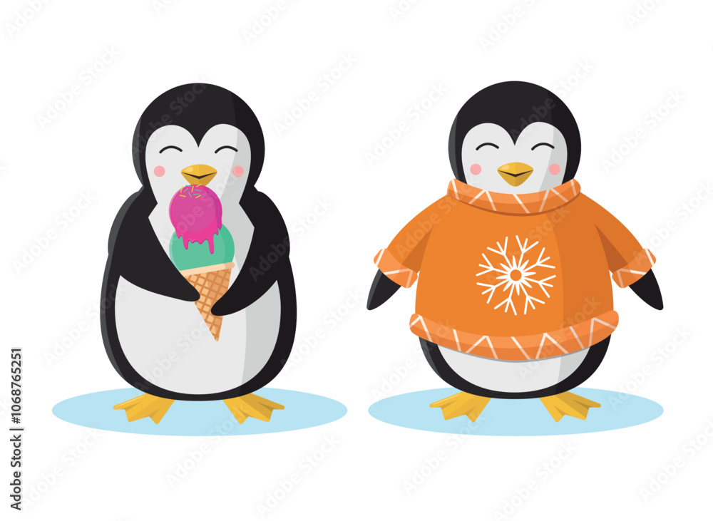 Fototapeta premium Cute penguin with ice cream and penguin in winter sweater. Vector illustration in cartoon style.