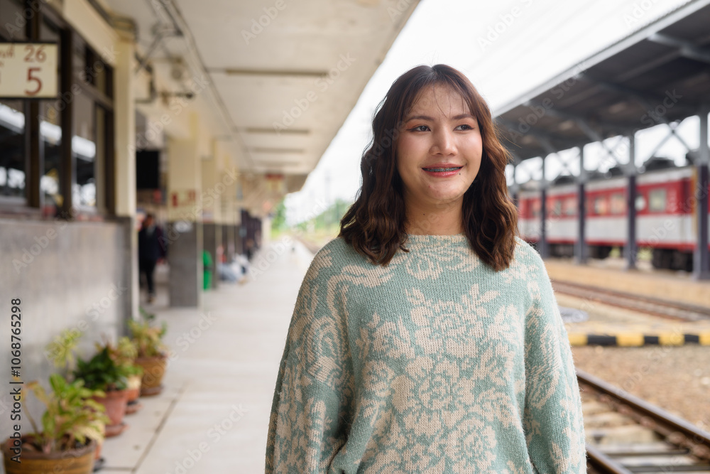 Portrait of Beautiful And Young Cute Asian Woman Tourist in Train Station Portrait of Beautiful And Young Cute Asian Woman Tourist in Train Station