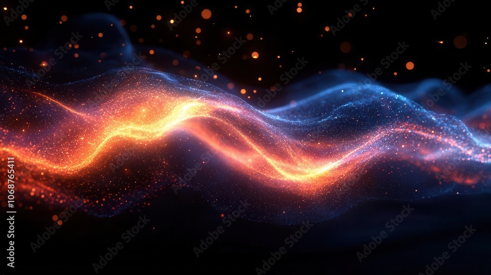 wave of bright particles illustrating sound and music visualization, creating a mesmerizing flow of light and color that reflects the energy and emotion of sound in an abstract composition wave of bright particles illustrating sound and music visualization, creating a mesmerizing flow of light and color that reflects the energy and emotion of sound in an abstract composition
