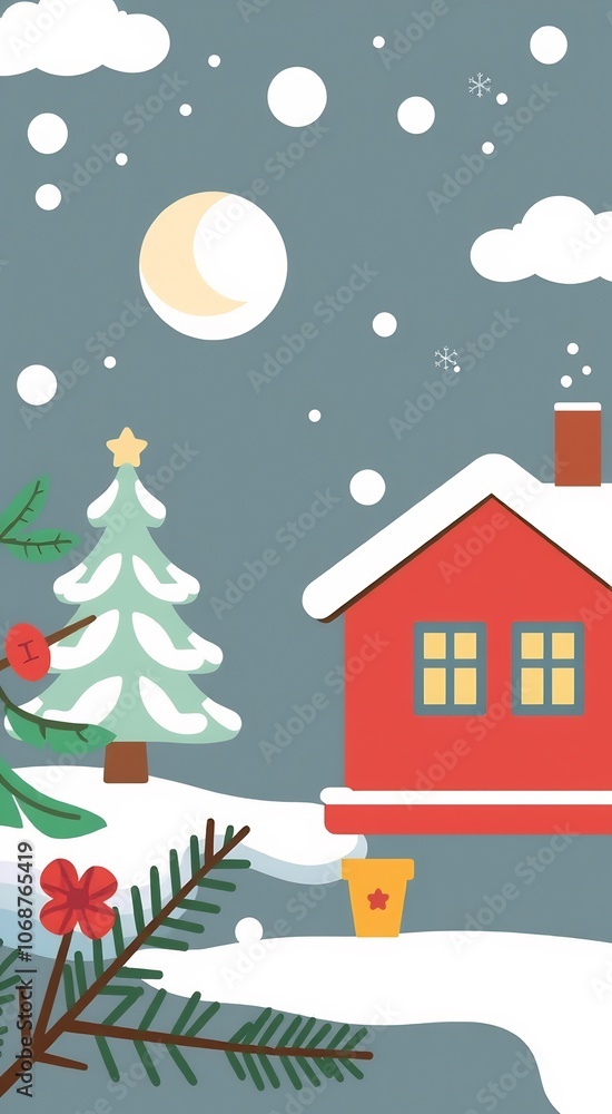 A red house with snowy roof stands in a winter wonderland with a decorated Christmas tree. A red house with snowy roof stands in a winter wonderland with a decorated Christmas tree.