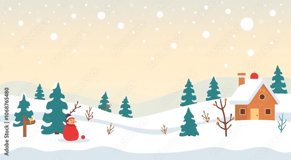 A snowy winter scene with a cute snowman and a cozy house in the distance. A snowy winter scene with a cute snowman and a cozy house in the distance.