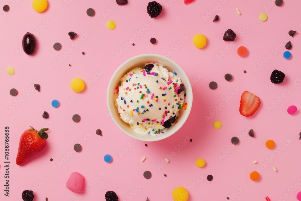 A creative flat lay of various ice cream toppings, including sprinkles, chocolate chips, and fruit, around a bowl of vanilla ice cream. A creative flat lay of various ice cream toppings, including sprinkles, chocolate chips, and fruit, around a bowl of vanilla ice cream.