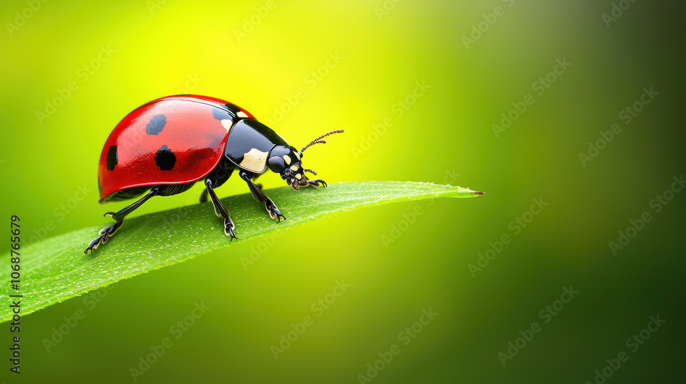 Fototapeta premium macro shot of ladybug on green leaf, showcasing its vibrant red color and black spots, surrounded by soft green background