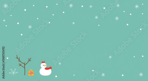 A minimalist winter scene with a snowman, gift, and snowflakes.