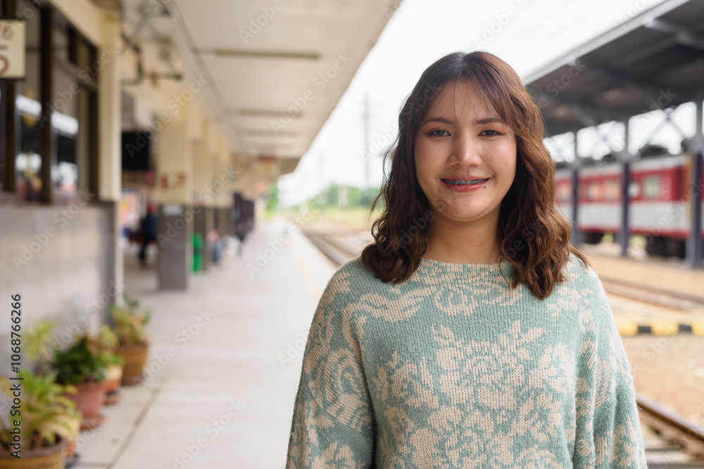 Portrait of Beautiful And Young Cute Asian Woman Tourist in Train Station Portrait of Beautiful And Young Cute Asian Woman Tourist in Train Station