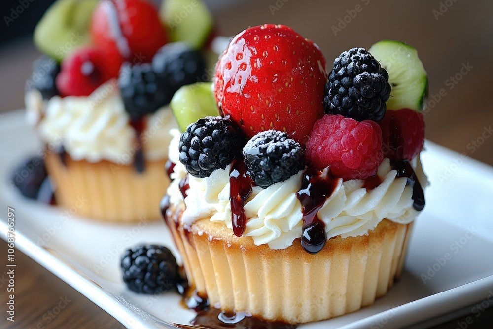 Delicious cupcakes decorated with whipped cream and fresh fruits Delicious cupcakes decorated with whipped cream and fresh fruits