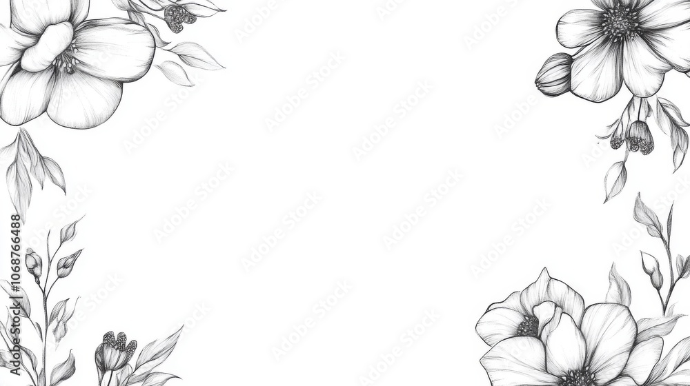 Elegant Floral Border: Black and White Pencil Drawing Elegant Floral Border: Black and White Pencil Drawing