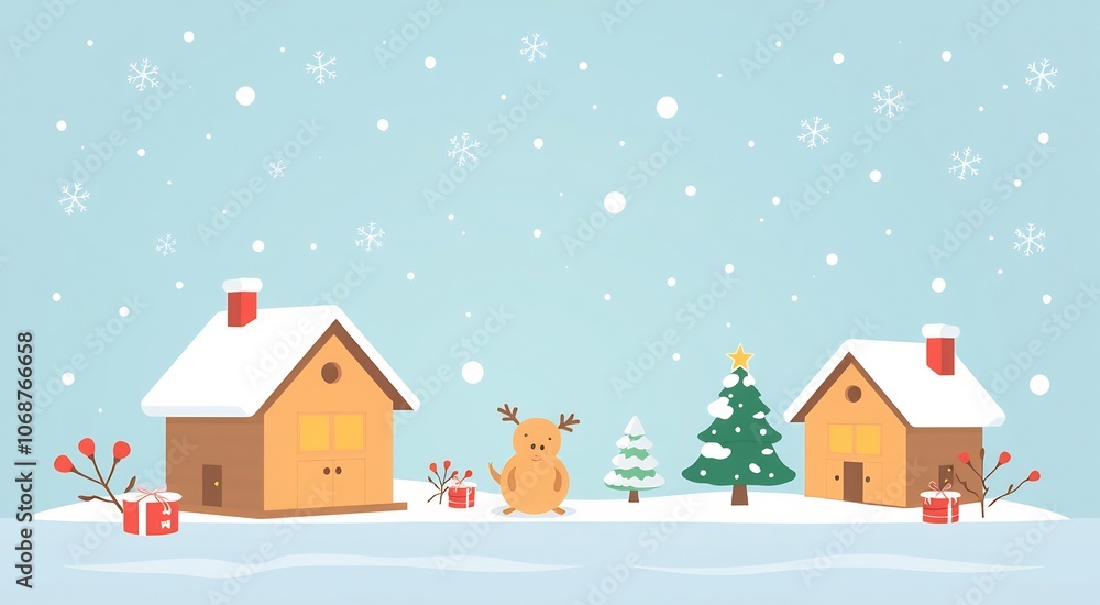 Snowy winter village scene with a Christmas tree and a deer. Snowy winter village scene with a Christmas tree and a deer.