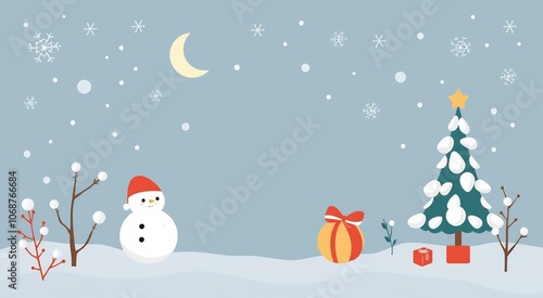 A snowy landscape with a snowman, a Christmas tree, and a gift.